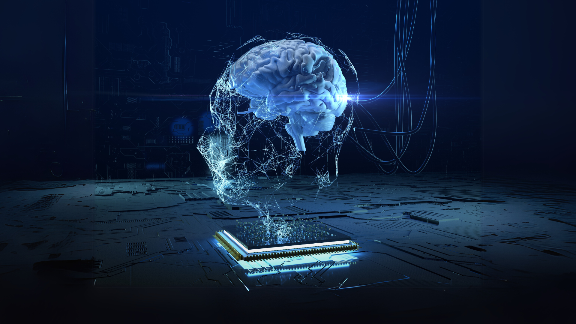 Representación digital de un cerebro humano flotando sobre un chip de computadora, simbolizando inteligencia artificial o conexión mente-máquina en un entorno tecnológico oscuro.
