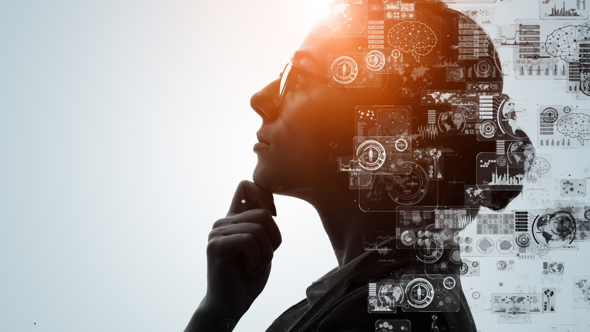 Silueta de una mujer pensativa con gafas, superpuesta con iconos y gráficos tecnológicos como cerebros, redes y datos, evocando inteligencia artificial o análisis de datos.